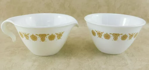 Vintage Corelle CREAMER w/ Hooked Handle and Open SUGAR BOWL - Gold Butterfly