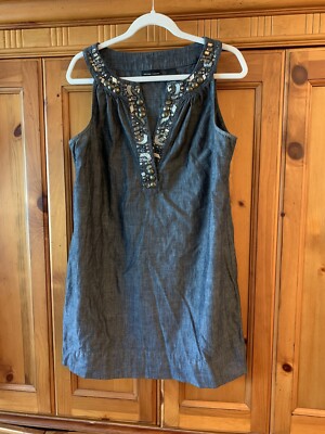 New York & Co. Denim Sz L Large V-Neck Sleeveless Denim Shift Dress Beaded  | eBay