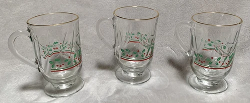 VTG Lot of 3 Libbey Christmas Holly Berry Footed  IRISH COFFEE MUGS w/Gilded Rim