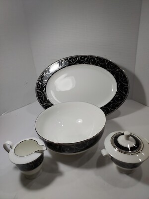 Mikasa Bone China ''Elegant Scroll Black'' AK050 5 Piece Serving Set New In Box