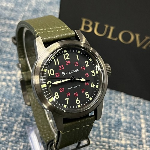 Bulova Hack 98A255 Automatic 38MM Black Dial Leather Strap Men's Watch *New