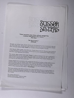 Scissor Sisters Press Release Original Promotion So Hip It Hurts Laura 2003