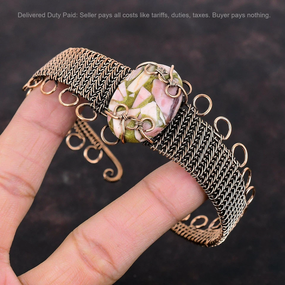 Brazalete brazalete de cumpleaños envuelto en alambre de ópalo rosa cobre natural de cobre de venta de Navidad Foto 3 de 4