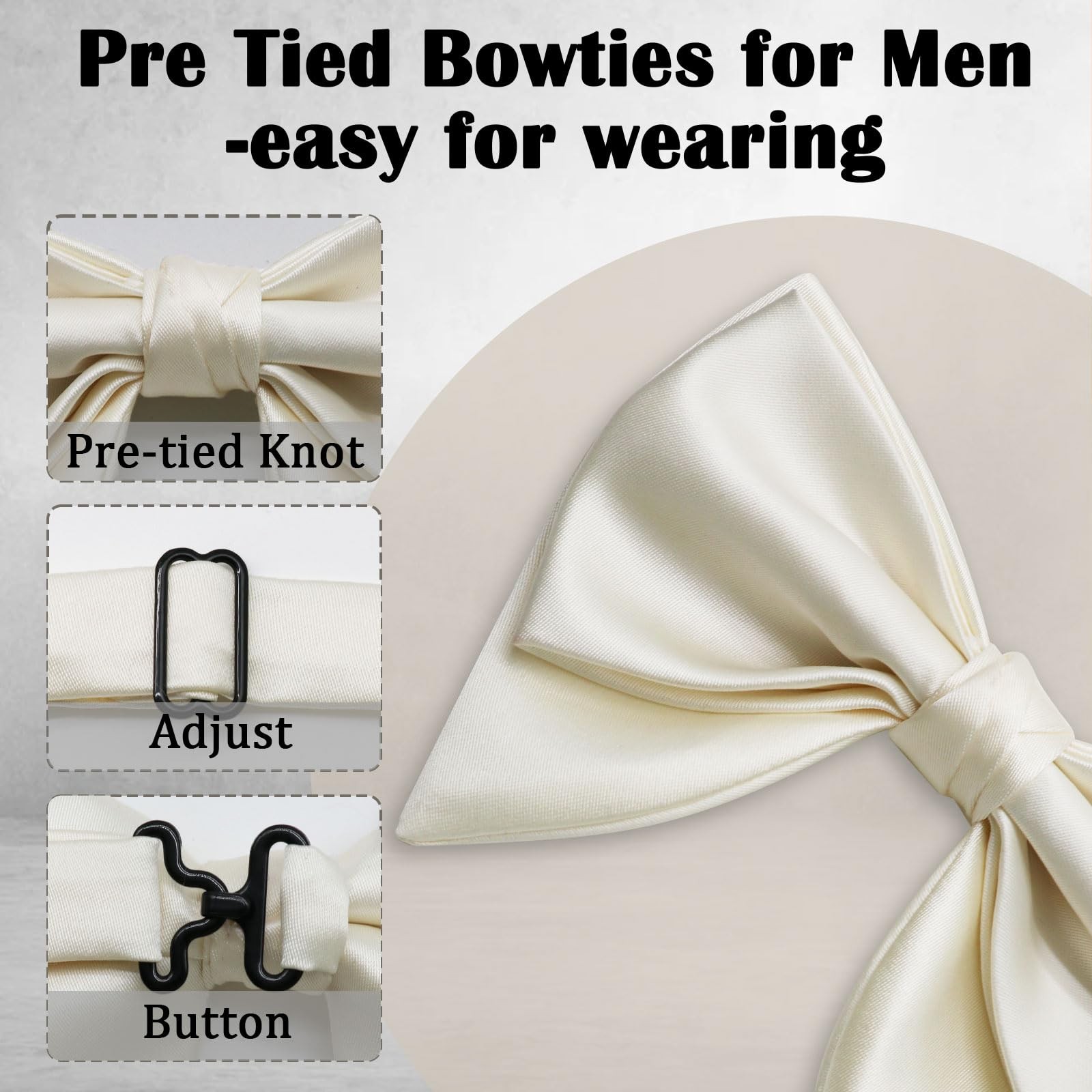Oversized Bow Ties for Men Solid Color Pre-Tied Adjustable Bow Tie for White