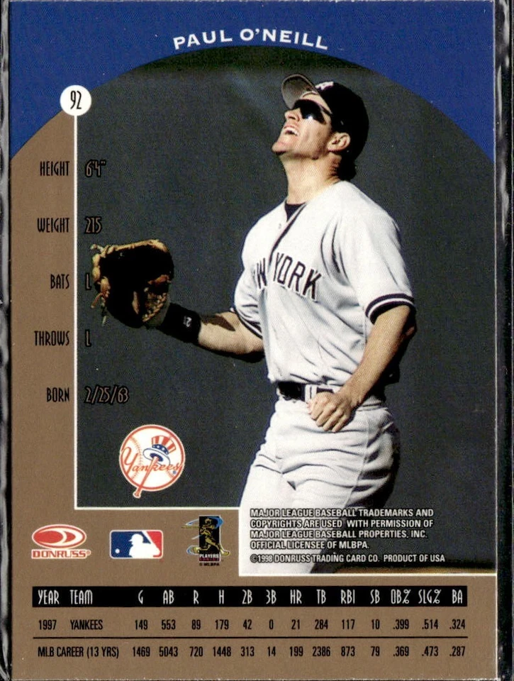 1998 Donruss Preferred Paul O'Neill Yankees #92 - Image 2 of 2