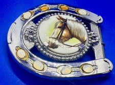 Lucky Horseshoe Shaped with Horse Head Picture Center Belt Buckle Missing Stone