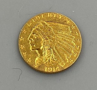 1914 P US $2.50 Gold Indian Coin .1209AGW cleaned L25472