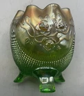 RARE NO COLLAR VINTAGE CARNIVAL NORTHWOOD GREEN FINE CUT ROSES FOOTED ROSE BOWL