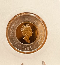 1998 Canada $2.00 Proof Silver Coin 0.925% With 24K Gold Plated Inner Core UNC.