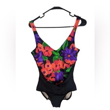 Vintage 90s One Piece Swimsuit Size 16 Black Floral Neon, High Leg