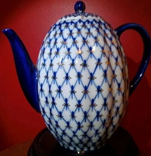 22K Gold Cobalt Net Tea Pot  Imperial Russia Lomonosov Porcelain