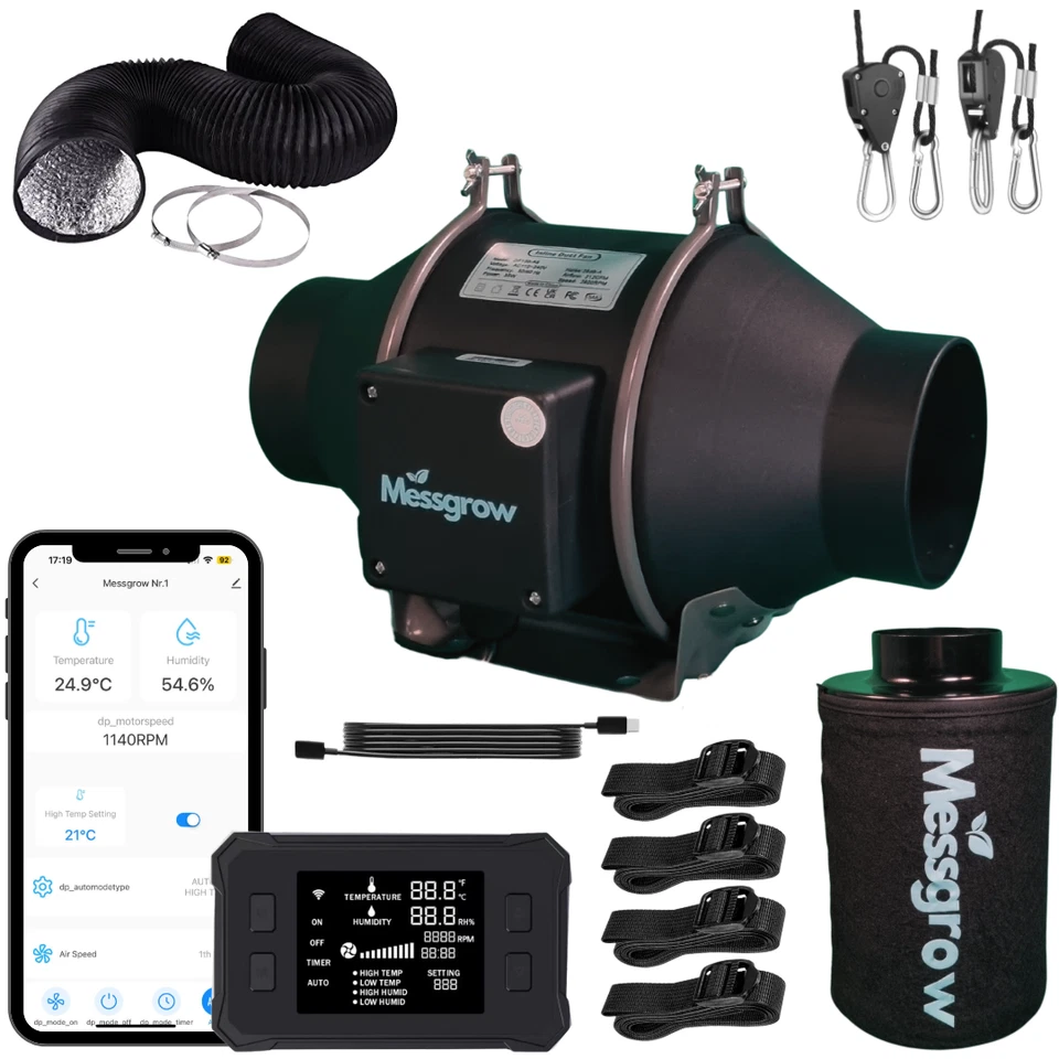 Growbox Abluft Set mit App Steuerung leise Lüfter Filter Schlauch komplett-Set