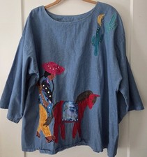 Vtg Alfredo's Wife Wearable Art Denim Shirt L Made in USA Western Patchwork 90s