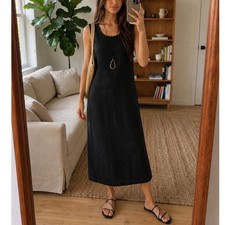 VTG Jessica Howard Linen Sheath Dress Size 10 Petite Black Sleeveless 90s Chic