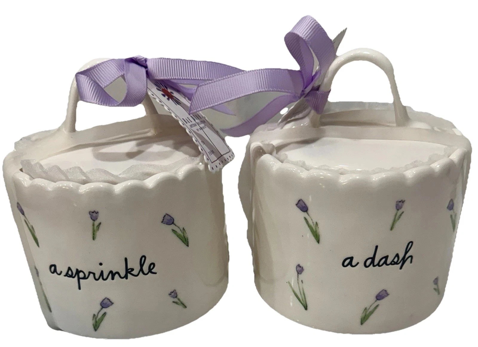 RAE DUNN KITCHEN CANISTERS (Set of 2) “A SPRINKLE” & “A DASH” w/PURPLE FLOWERS