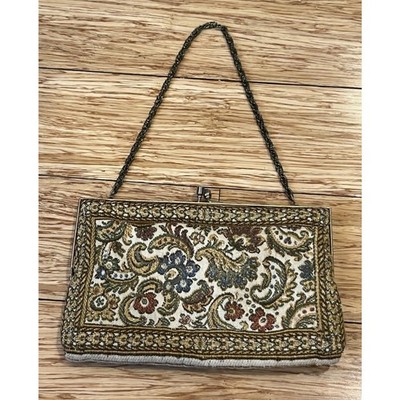 Vtg Small Tapestry Bag Purse Clutch Gold Thread Accents Hong Kong 7.25 