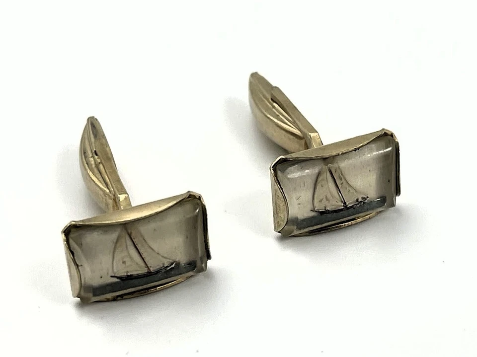 Vintage Manschettenknöpfe PIONEER Maritim Segelboot Segelboot Reverse Kristall - Bild 2 von 4