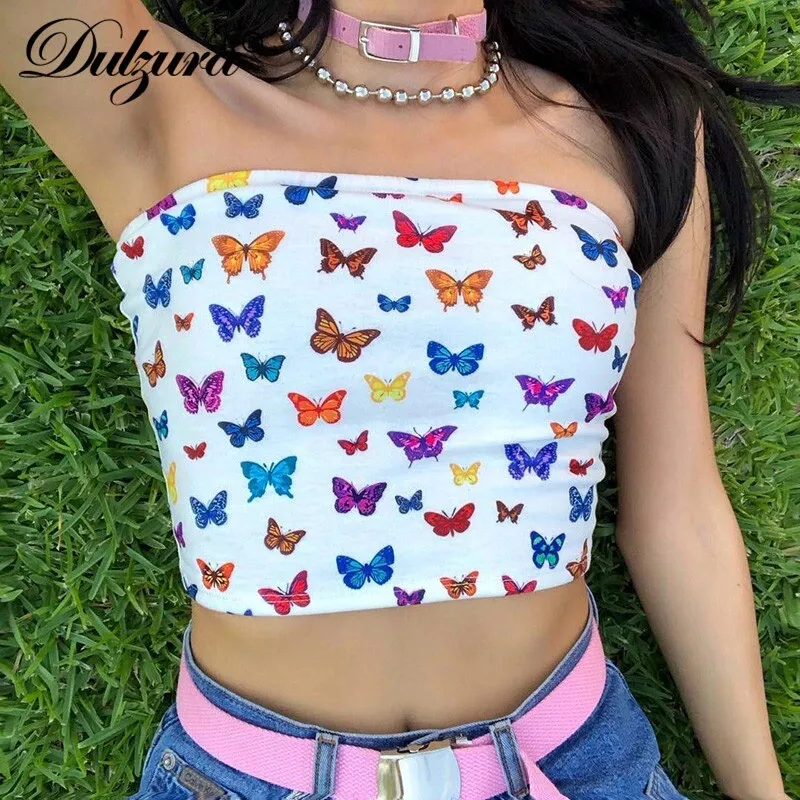 Summer Crop Top Tanks Tops Cute Sexy Streetwear Sleeveless Butterfly Print  Vest