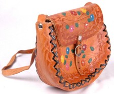 Handmade Leather Handbag Purse-Hand Tooled Floral Paint-Strap-Brown-6x5.5"-Vtg