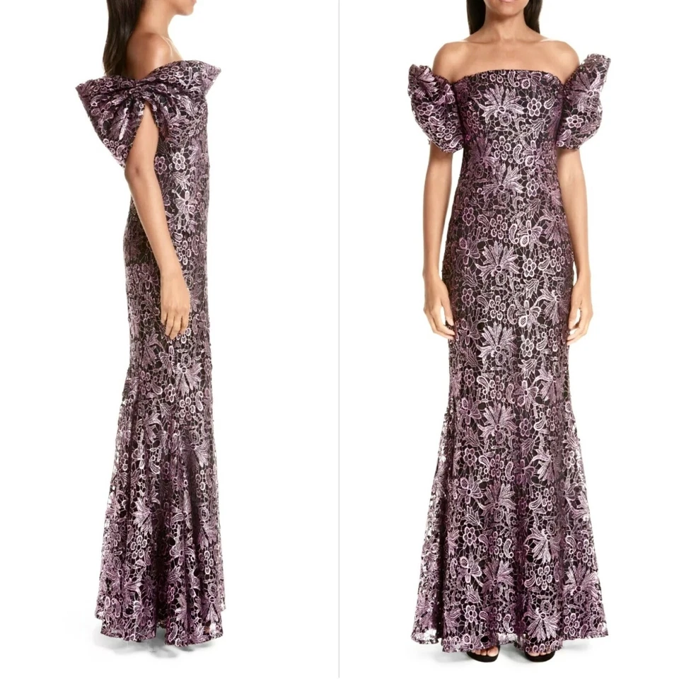 Maxi Vestido ZAC POSEN Rosa Metálico Bordado Guipur Encaje Hombro Descubierto Lazo 6 S Foto 3 de 4