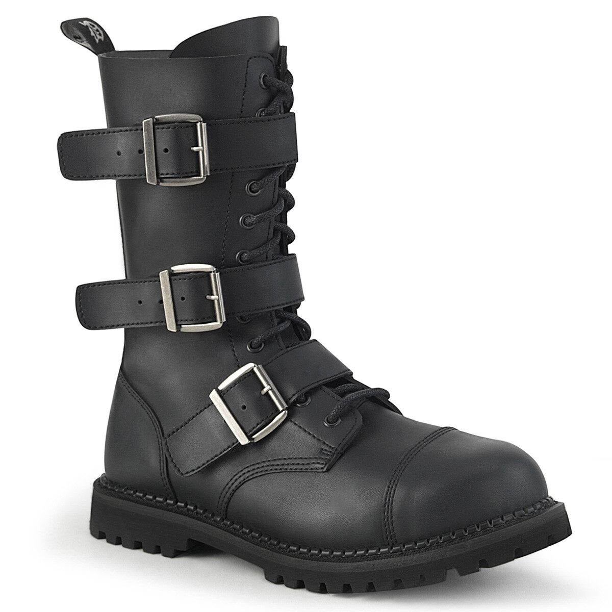 's Black Faux Leather Punk Combat Steel Toe Calf High Boots