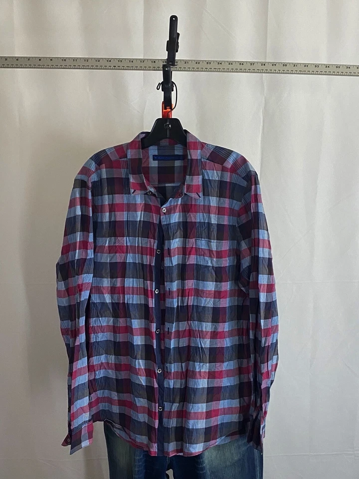 CAMISA MANGA LARGA Moderna Diversión Roja Azul Cuadros Grande L Delgada 16.5x35/36  Foto 3 de 4