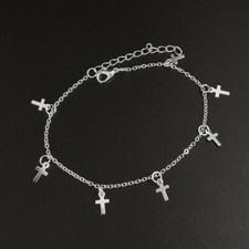 925 Sterling Silver Women's Cross Anklet 14K White Gold Plated