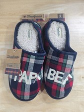 Dearfoams Papa Bear Memory Foam Slippers Red/Green/Blue Plaid Size SMALL 7-8
