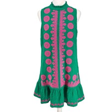 THML Women s S Embroidered Shift Dress Green Pink Ruffle Sleeveless EUC