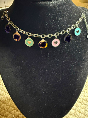 Silver Tone Cable Chain Charm Necklace Heart Pendant w/ Multicolor Dangle Charms