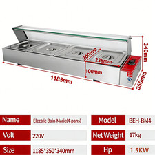 Bain Marie Electric Food Warmer Stainless Steel Buffet 4 Pans Commercial 1500W