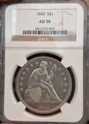 1843 $1 Seated Liberty Silver Dollar NGC AU50 Gorgeous with luster on both sides