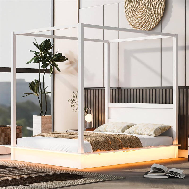 Modern Queen Size Canopy Bed w/LED Light &Support Slat Wooden