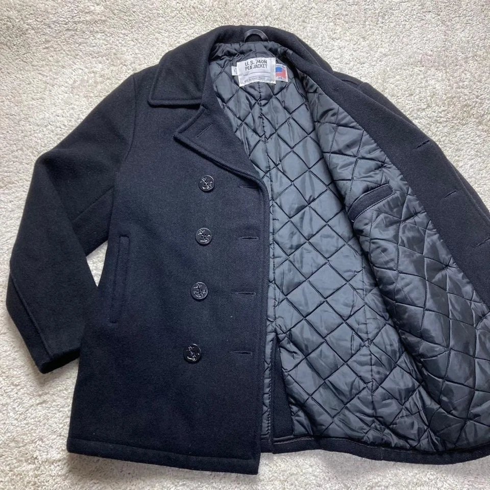 Schott 740N Pea Coat Dark Navy Wool Blend Size 38 Made in USA Quilted Lining - Image 2 of 4