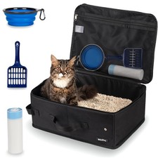 Portable Cat Travel Litter Box with Lid and 10 Pcs Disposable Liner Bags, Lea...