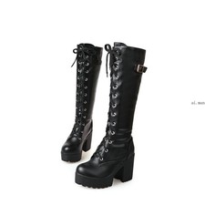 Goth Women Block Heels Lace Up Knee High Boots Riding Platform Fashion Shoe