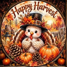 Happy Fall Harvest Door Sign, Turkey, Thanksgiving, Autumn Pumpkin, Scarecrow