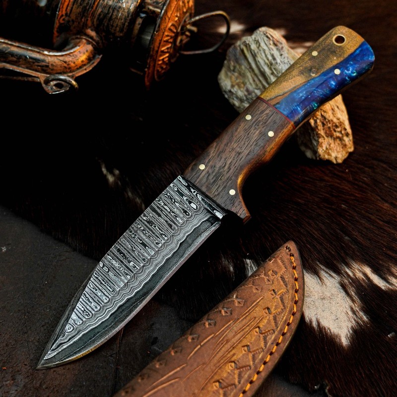 8.8 inch Handmade Damascus Hunting Knife Full Tang Hybrid Handle Leather Sheath