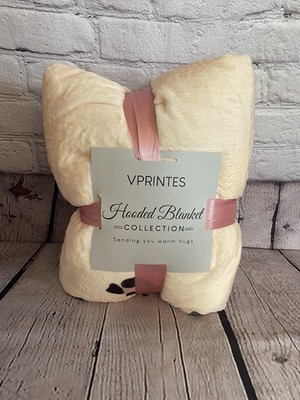 VPRINTES Hooded Blanket Cream with Pink Ribbon Soft Warm Cozy Collection NWT