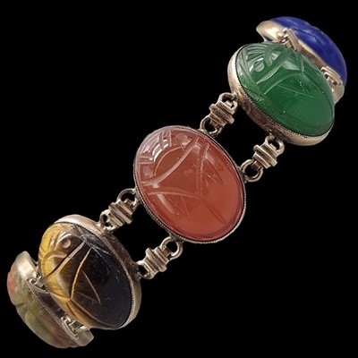 Vintage symmetrisches Skarabäus-Armband 1/20 14K Gold Sterlingsilber ägyptisches Revival 7 Zoll