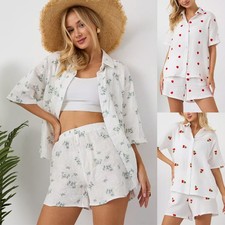 Ladies Linen Cotton Pyjamas Set Pjs Summer Loungewear Nightwear Tops Shorts SIZE