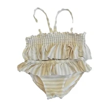 Quincy Mae Smocked Ruffle Bikini Mint Stripe Swimwear Girls Size 4-5 Years