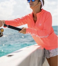 Huk Icon LS Hoodie Women s Large NWT Neon Coral UPF Fishing 1/4 Zip