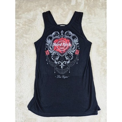 Hard Rock Cafe Las Vegas Tank Top Womens L Black Rose Tattoo Graphic V Neck