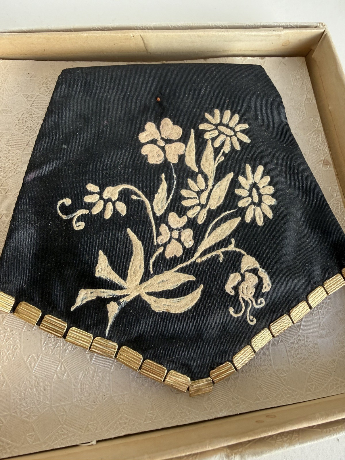 VTG Fabric embroidered Floral Black MIRROR COMPACT original packaging 