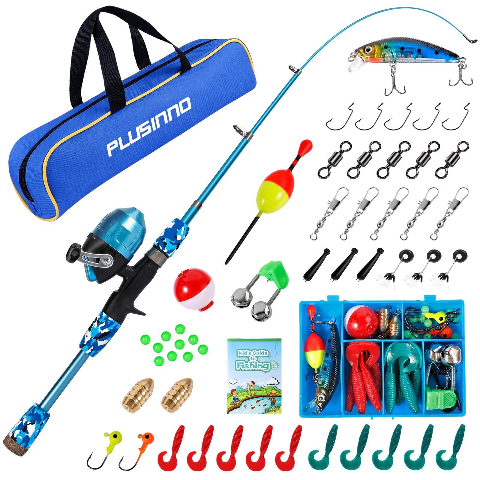 PLUSINNO Kids Fishing Pole with Spincast Reel Telescopic Fishing Rod Combo Fu...