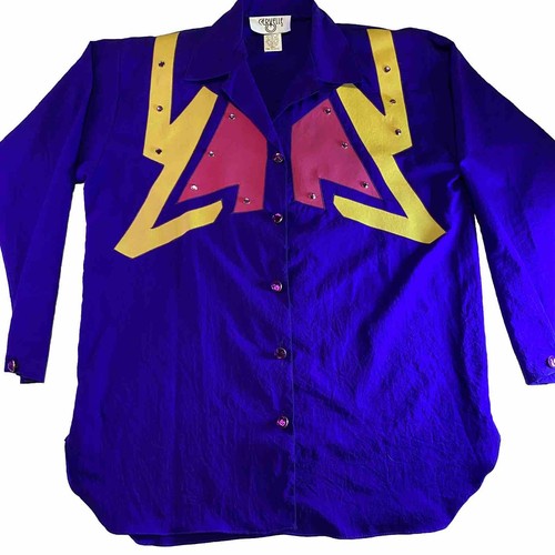 Vtg 80s Bedazzled Blazer Shirt Women S Purple Yellow Lightening Bolts Crepe USA