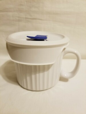 2 Corning Ware White Mug Stoneware Soup Cup Mug With Plastic Vented Lid EUC