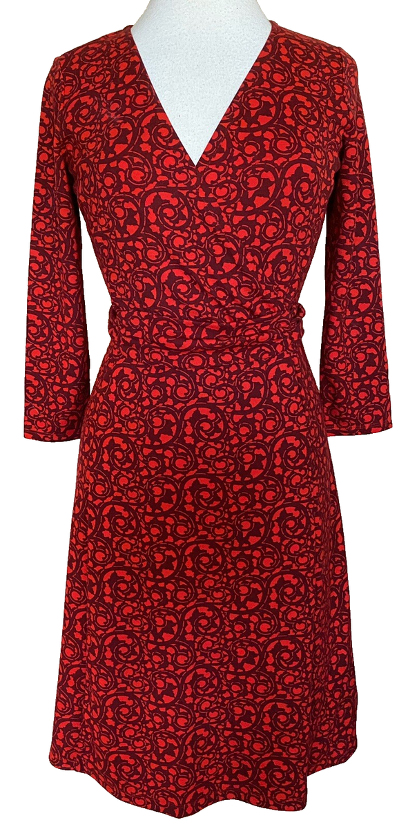 Lands End Fit Flare Dress Faux Wrap 3/4 Sleeves Knee Length Red Maroon Sz  XS 2-4