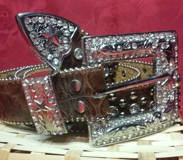 Women's Western Bling Belt Buckle Rhinestones Sliver Stars Brown